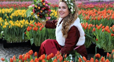 Klassenfahrt Amsterdam - Eine Frau sitzt in unzähligen Tulpen © pixabay